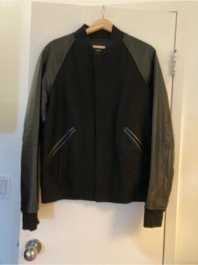 Men’s Theory Wool Bomber Jacket Leather Sleeves & Trim M Quilted Lining